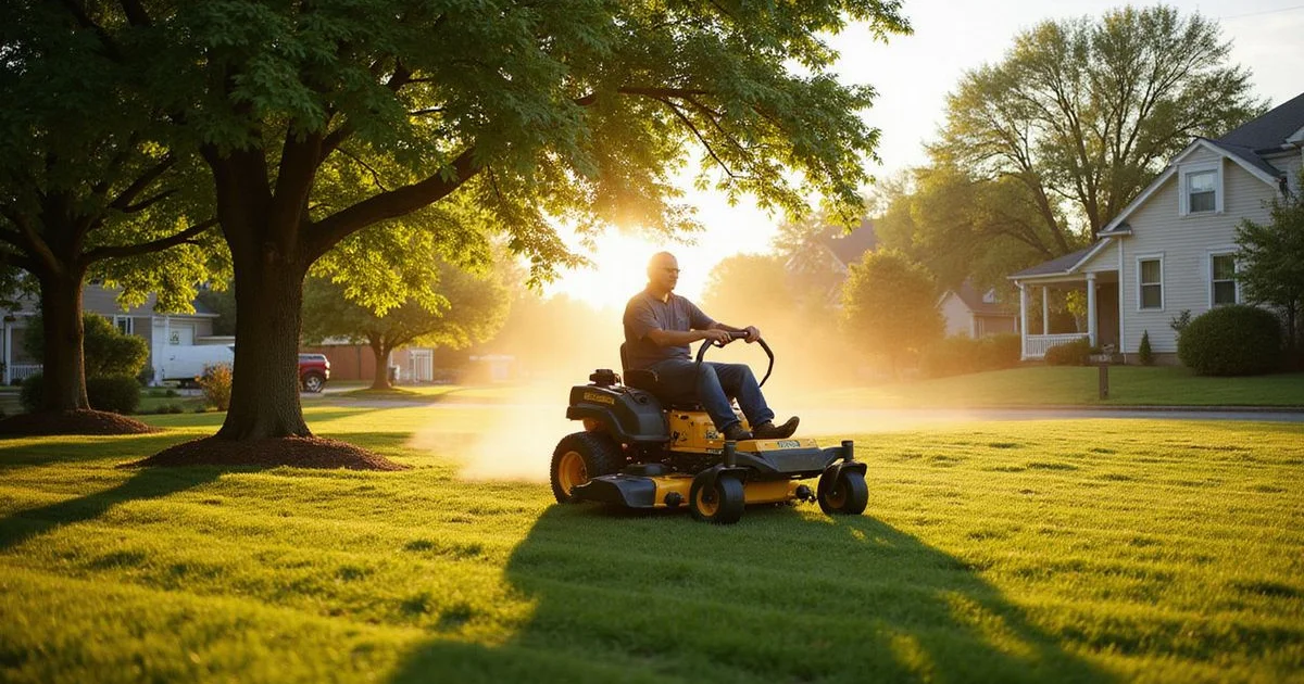 Crew member operating a zero-turn mower across a mature Hartford County suburban lawn at golden hour