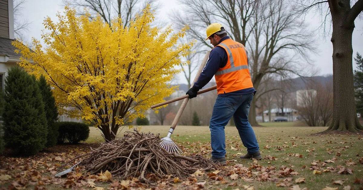 Crew member raking winter debris from a Connecticut property in early spring