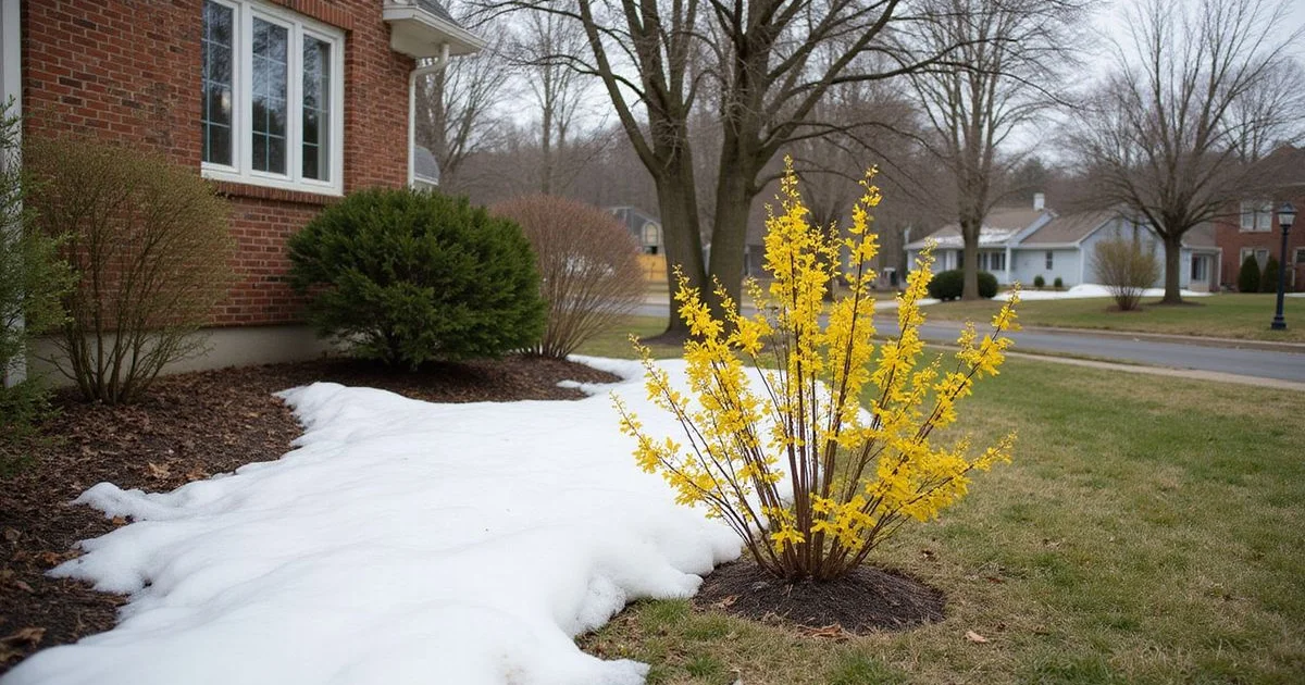Early spring Connecticut suburban property emerging from winter, with melting snow on lawn edges