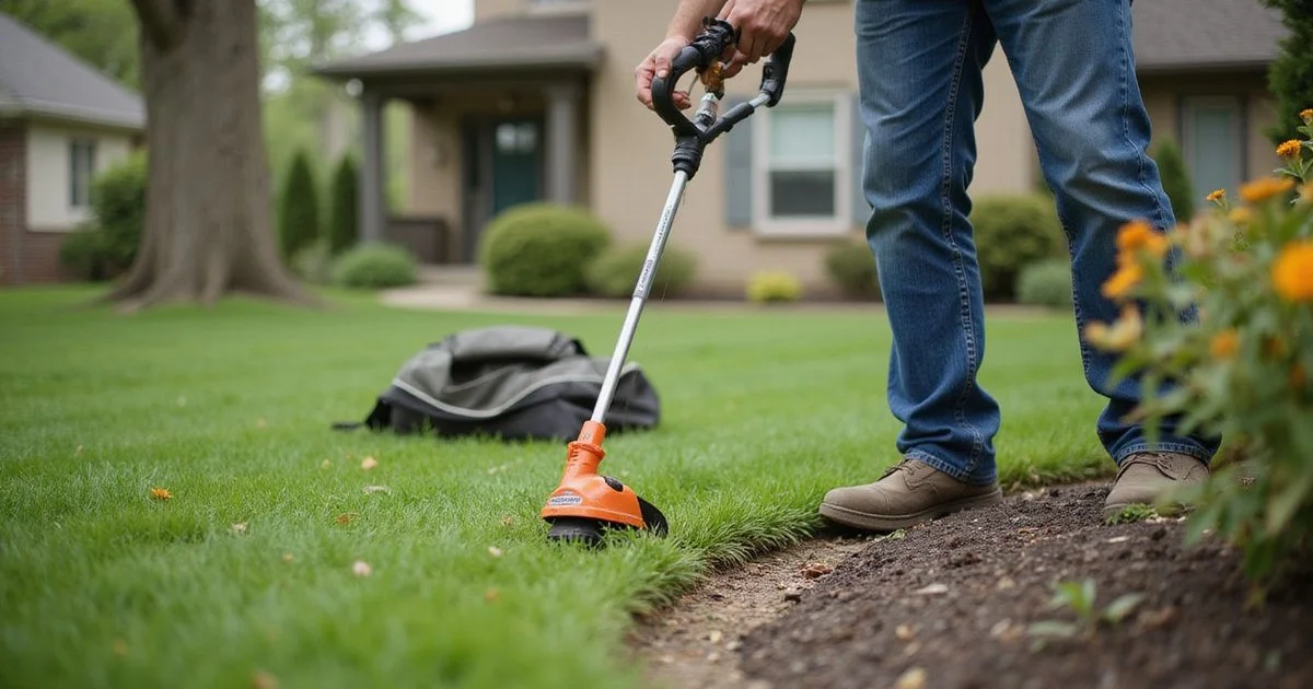 Lawn crew completing perimeter edging on a Hartford County suburban lawn