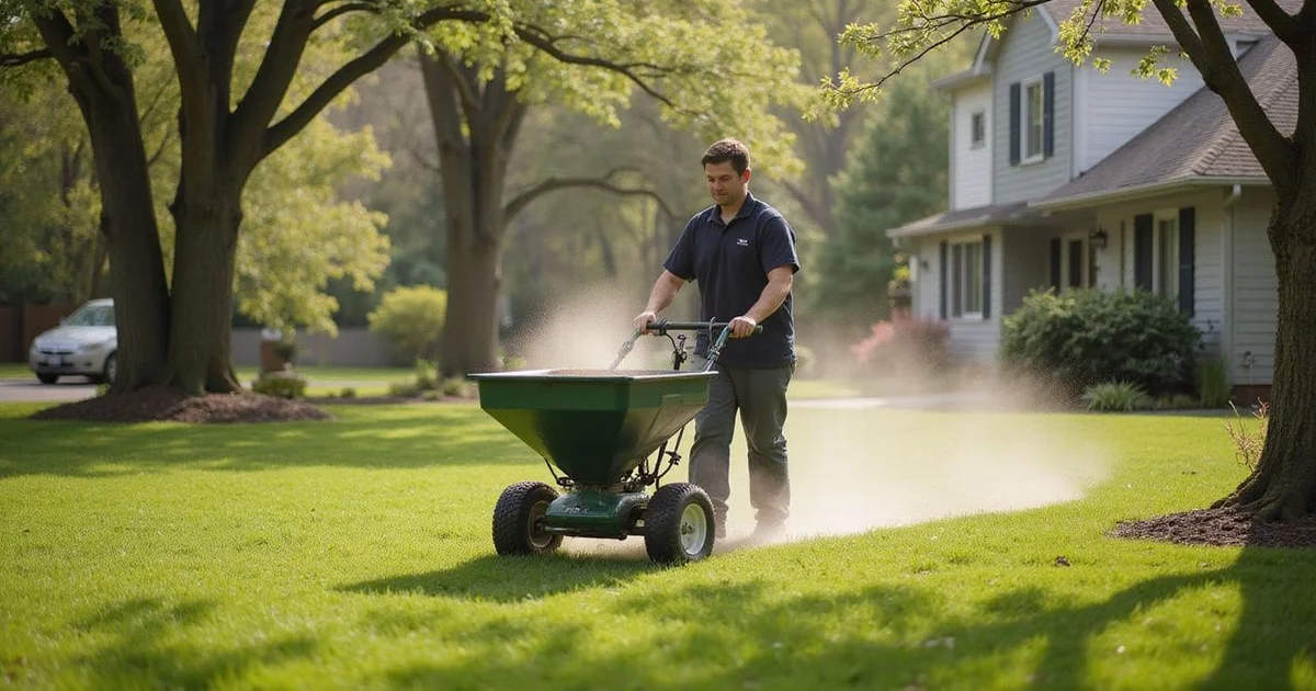 Lawn specialist applying spring fertilizer with a commercial spreader across a Connecticut Hartford County lawn