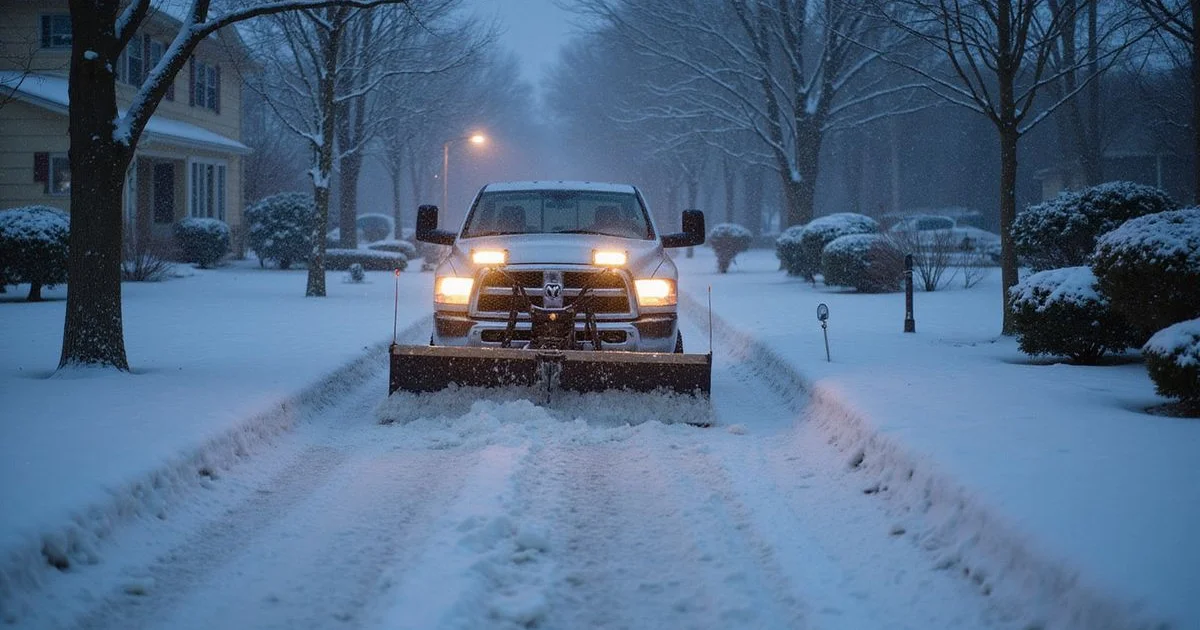 Snow plow truck clearing a Hartford County driveway during a winter storm